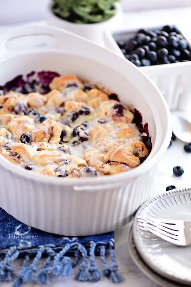 White dish with Blueberry Breakfast Casserole