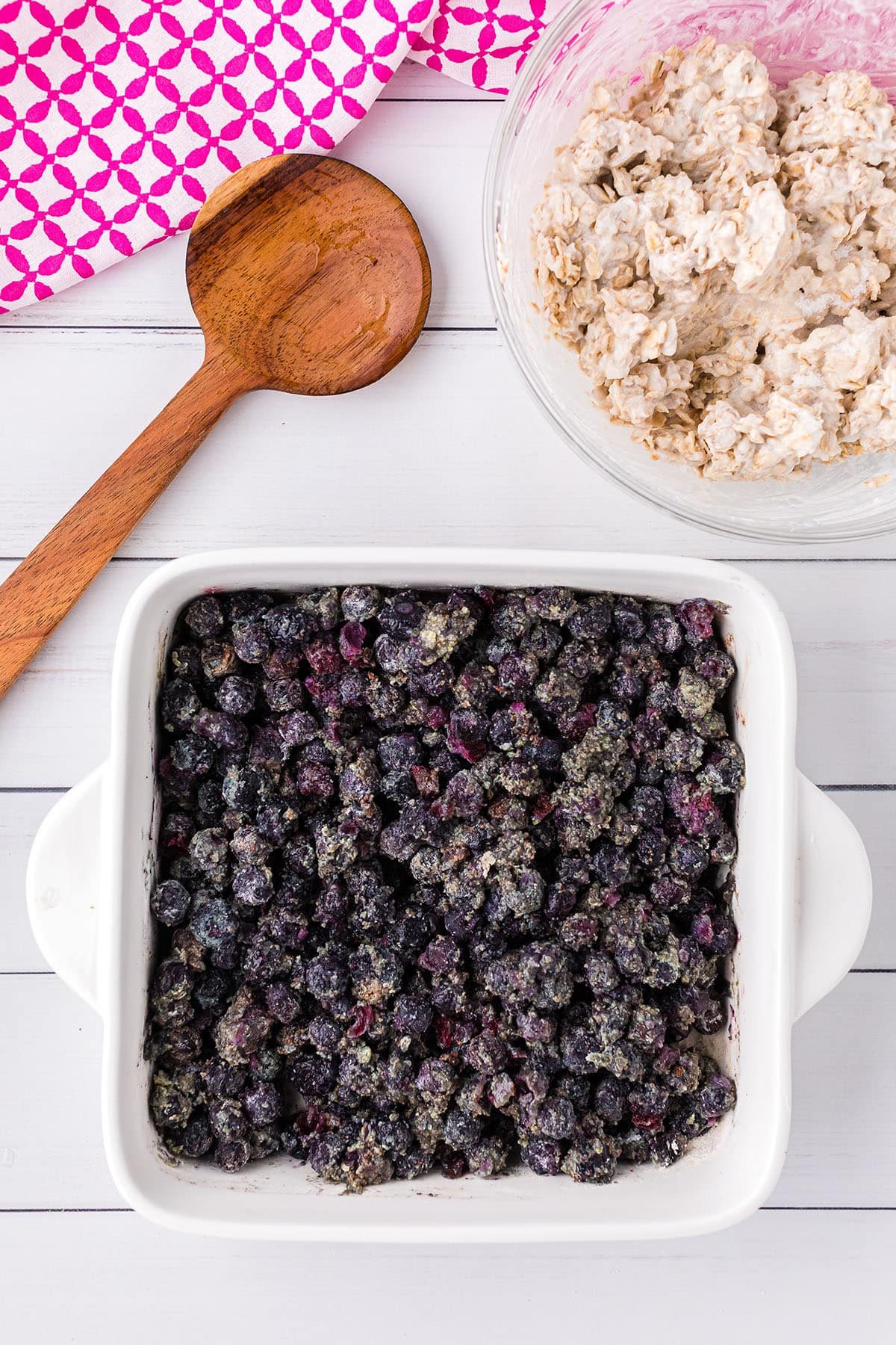 frozen blueberries in white baking dish