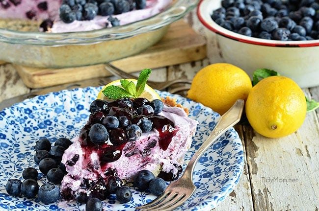 Blueberry Yogurt Pie is the perfect dessert for summer! This pie starts off with a simple shortbread crust filled filled with yogurt and blueberries then topped off with lemon blueberry fruit spread.