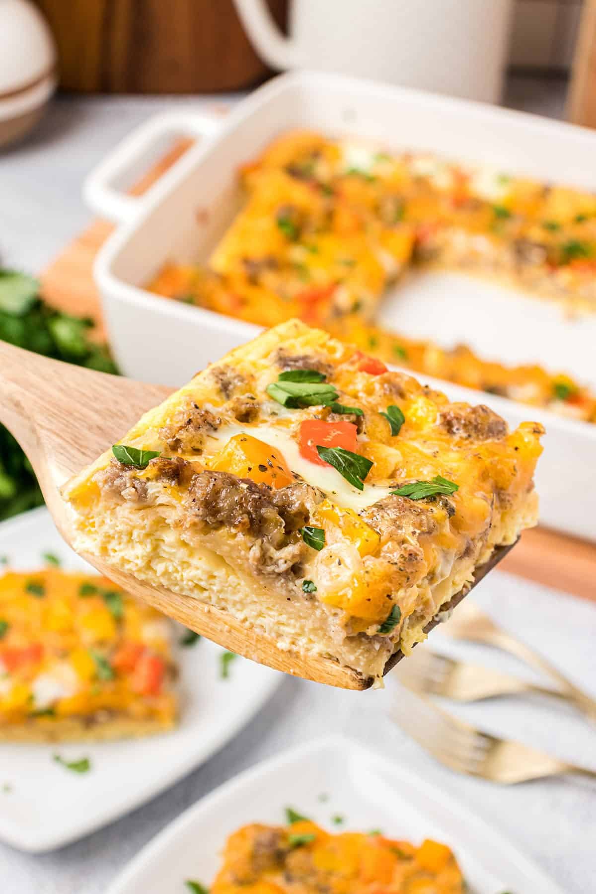 a serving of breakfast casserole on a spatula