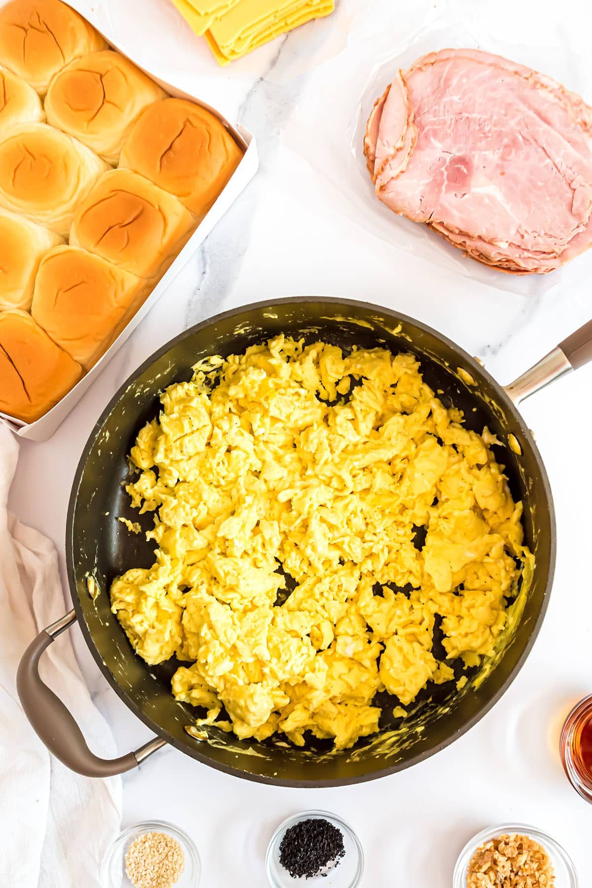scrambled eggs in a skillet