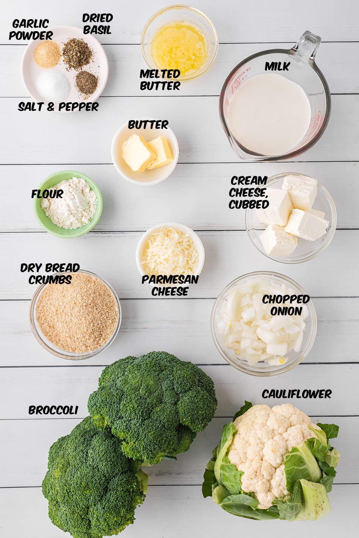 ingredients for Cheesy Broccoli Cauliflower Casserole on a counter