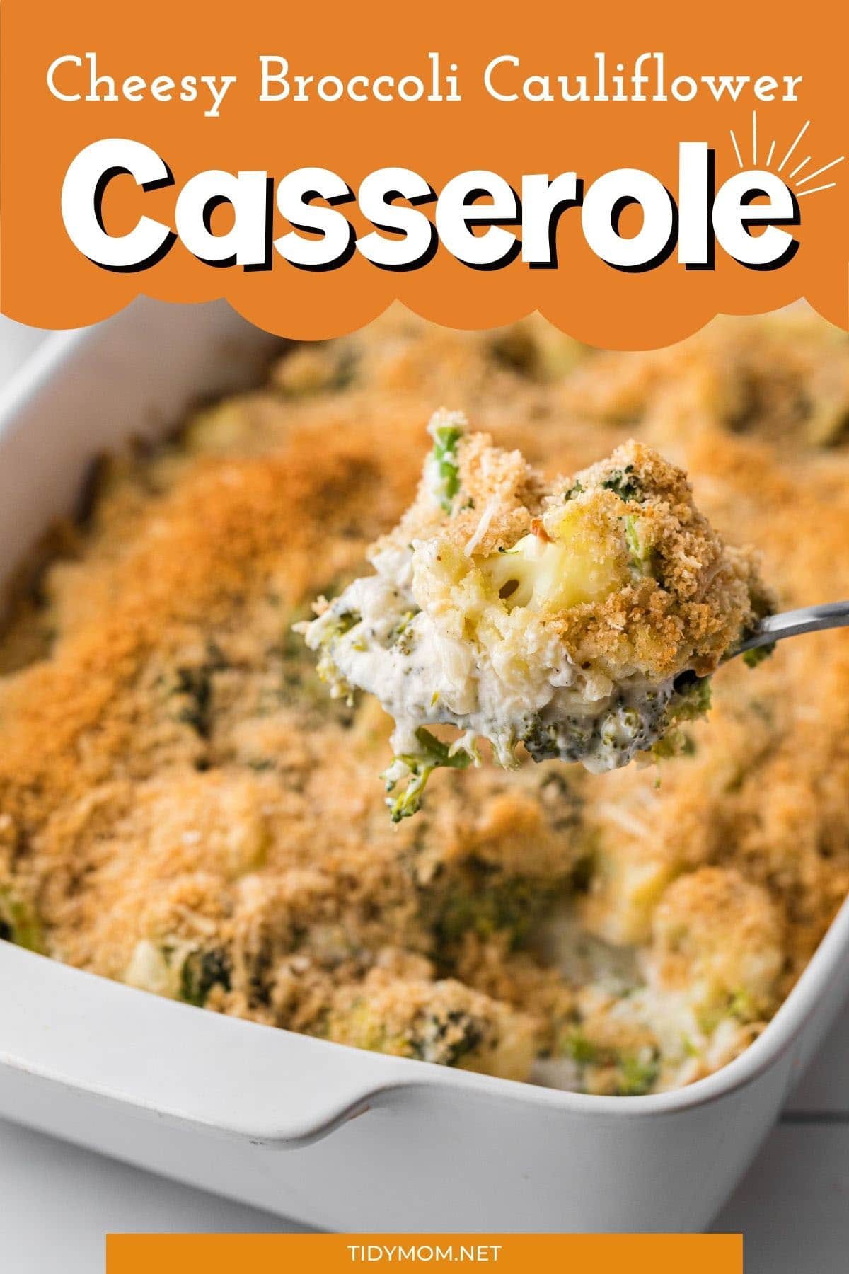 Cheesy Broccoli Cauliflower Casserole in baking dish with serving spoon