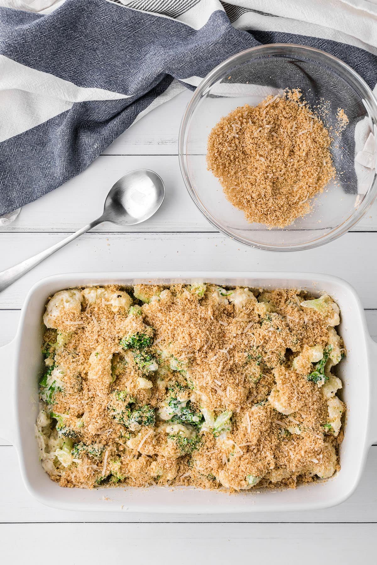 breadcrumb topping on top of broccoli and cauliflower casserole