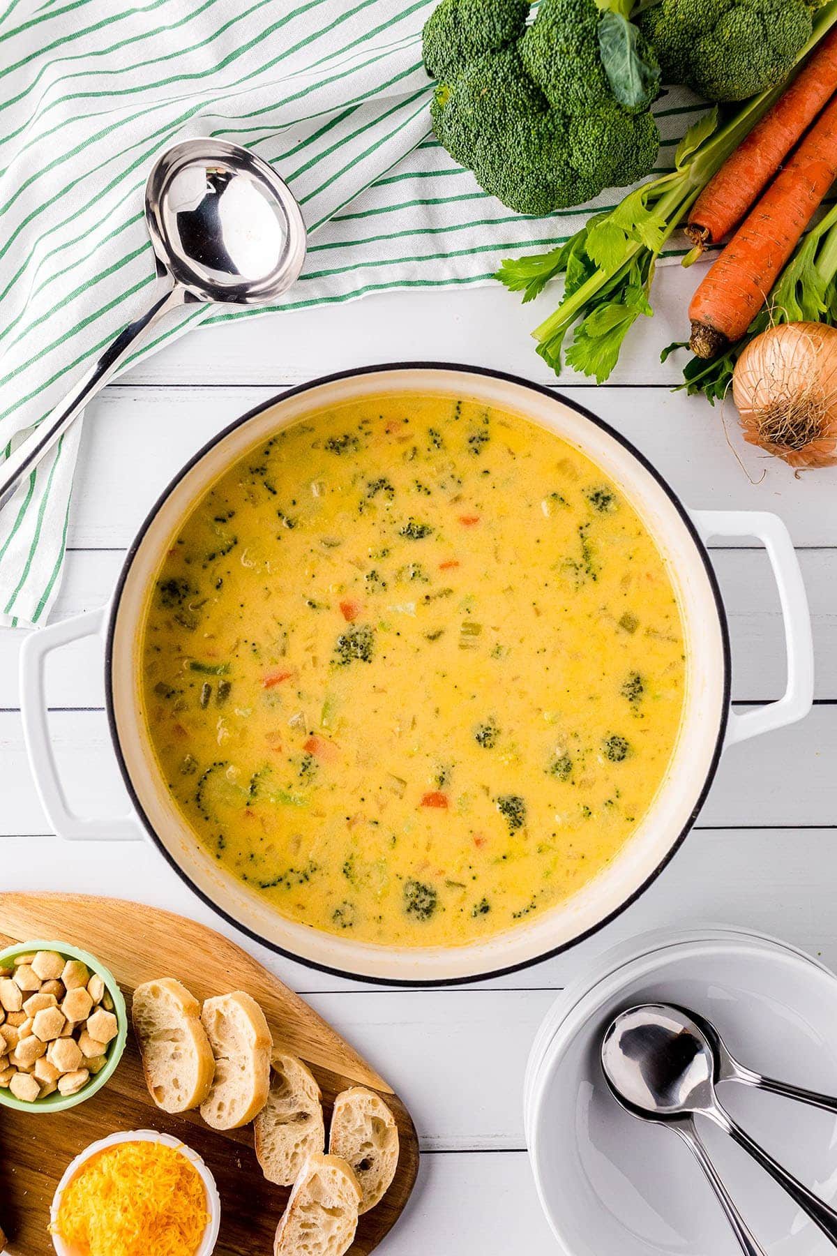 White dutch oven full of soup