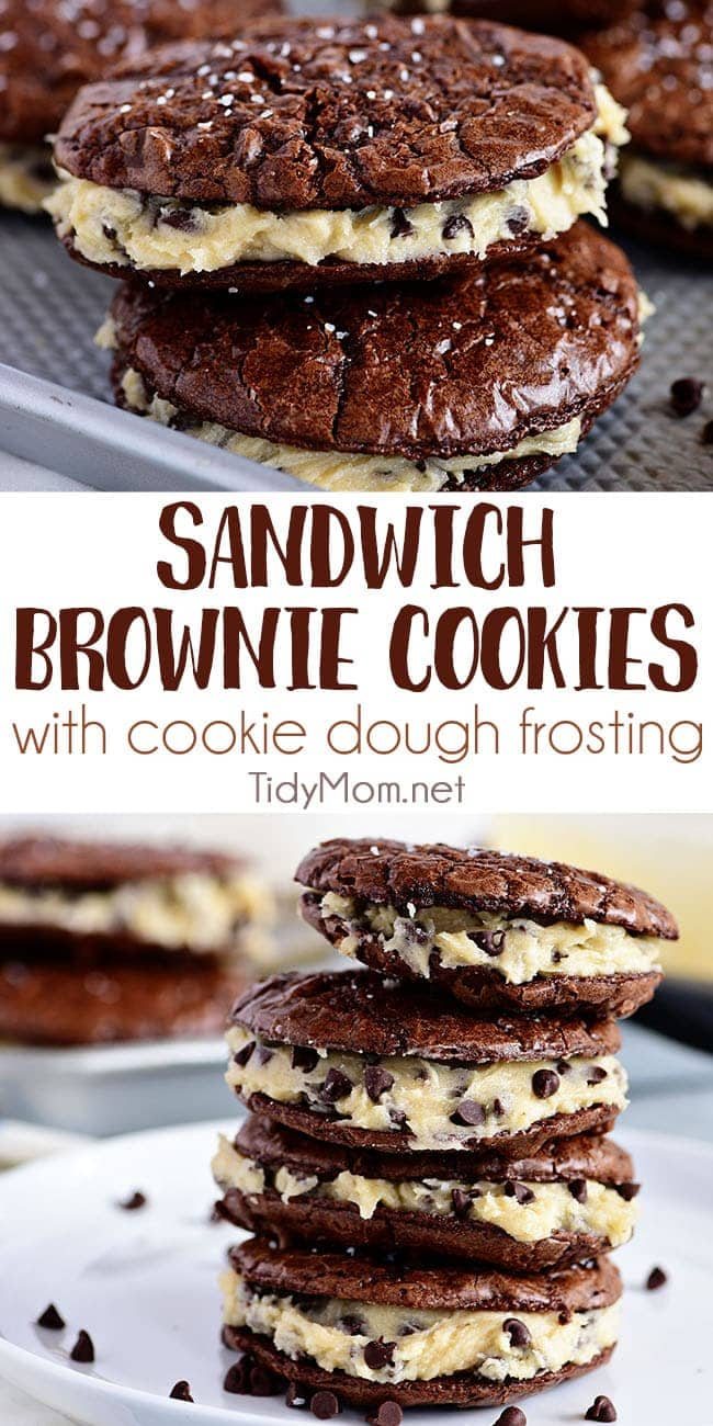 Sandwich Brownie Cookies with Cookie Dough Frosting will be your new favorite treat! A chewy decadent brownie sandwich cookie filled with chocolate chip cookie dough frosting that gives the whole ensemble a five-star rating from any brownie lover. Print the full recipe at cetcu.com #brownies #cookies #chocolate #cookiedough #chocolatechip