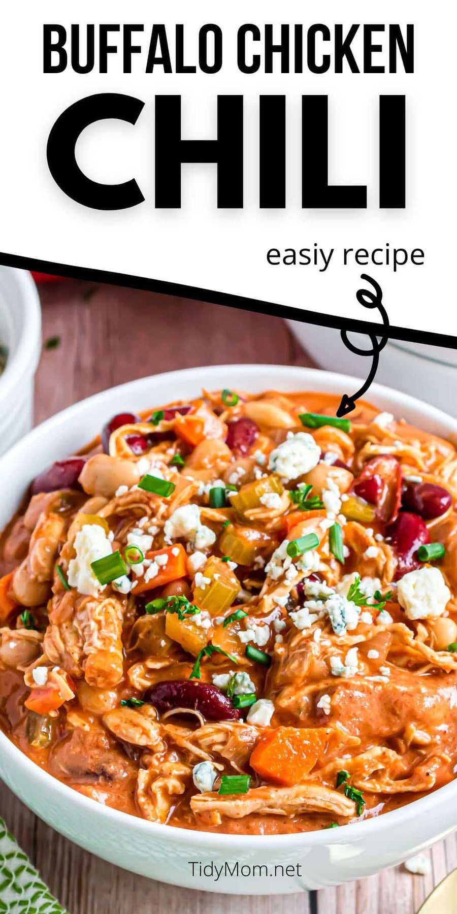 buffalo chicken chili in a white bowl
