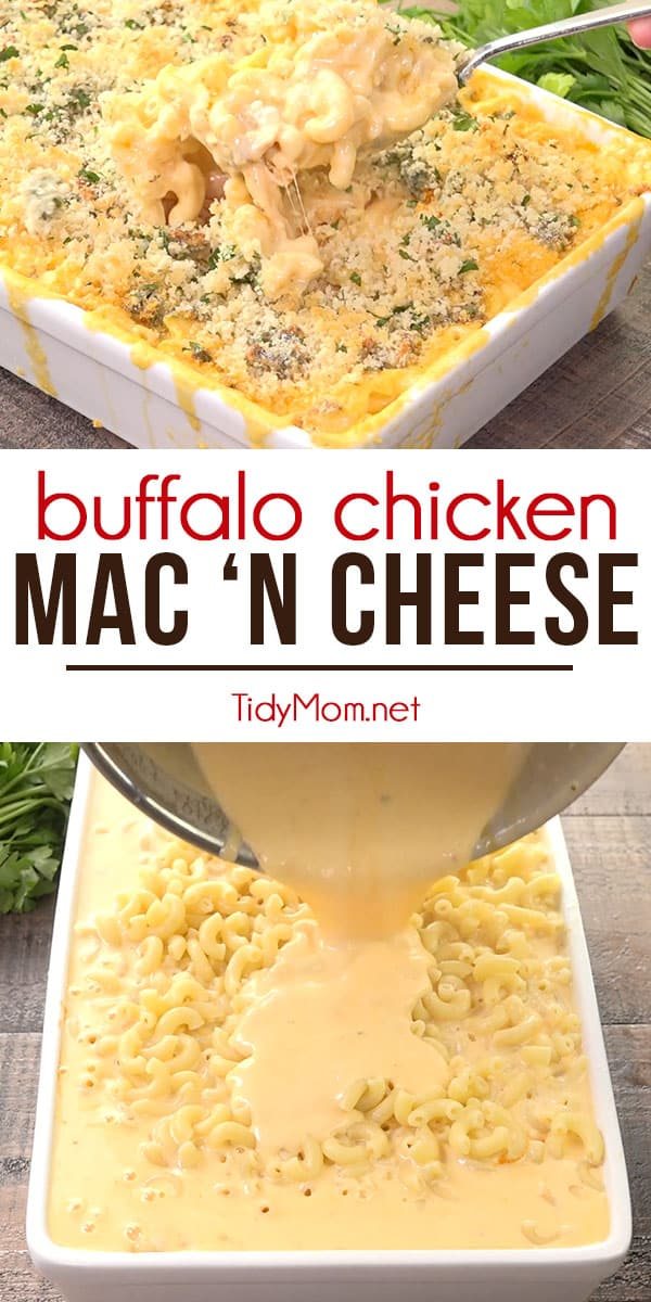 Buffalo Chicken Mac ‘n Cheese A kick of hot sauce and chicken gives a new twist to this old classic, mac ‘n cheese recipe. Print the full recipe + recipe video at cetcu.com #macaroni #macandcheese #buffalochicken