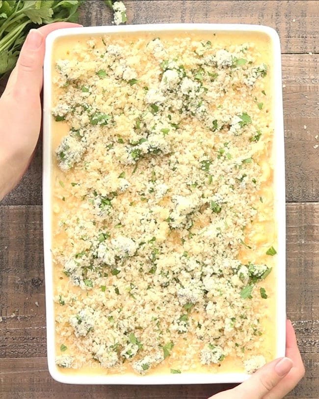 Buffalo Chicken Mac ‘n Cheese dish ready for the oven.
