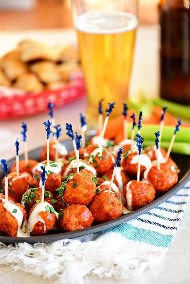 Game Day Party Plan Buffalo Chicken Meatballs with Ranch tastes just like buffalo hot wings. Get the recipe at cetcu.com