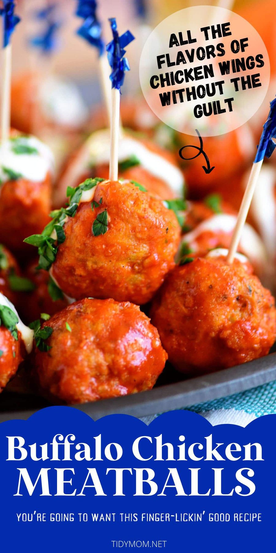 Buffalo Chicken Meatballs on a platter with toothpicks