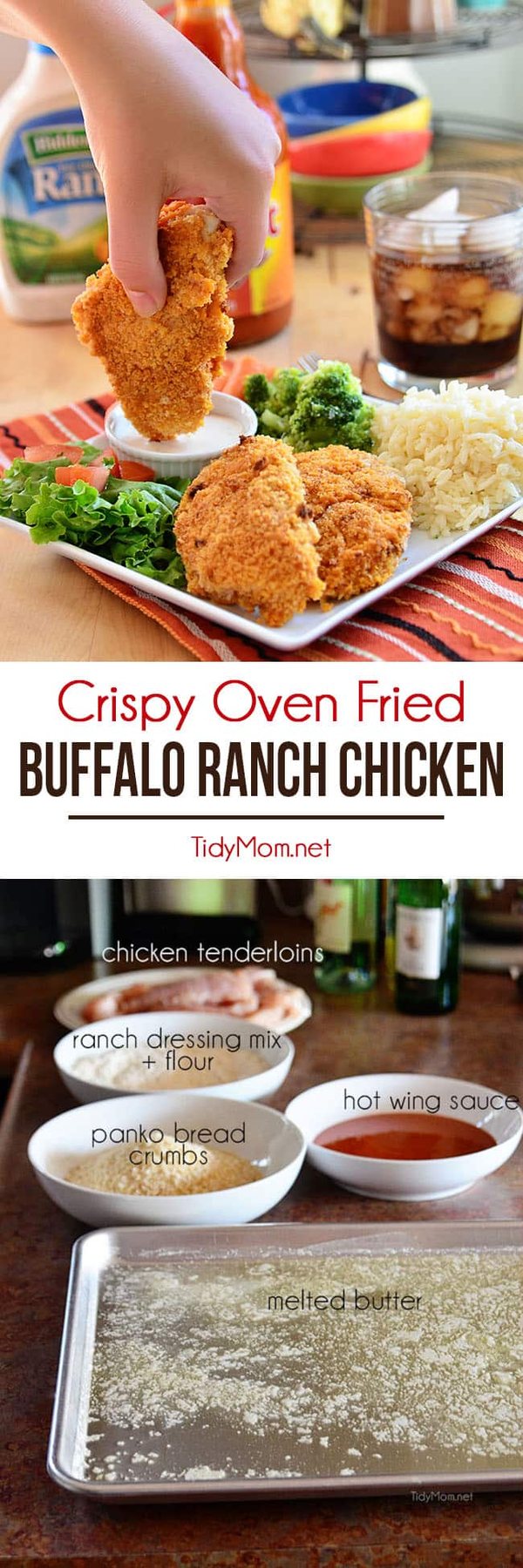 These crispy oven fried Buffalo Ranch Chicken strips are crisp-crusted moist and tender fiery buffalo sauce slathered where's the ranch dip chicken fingers. Get the recipe at cetcu.com