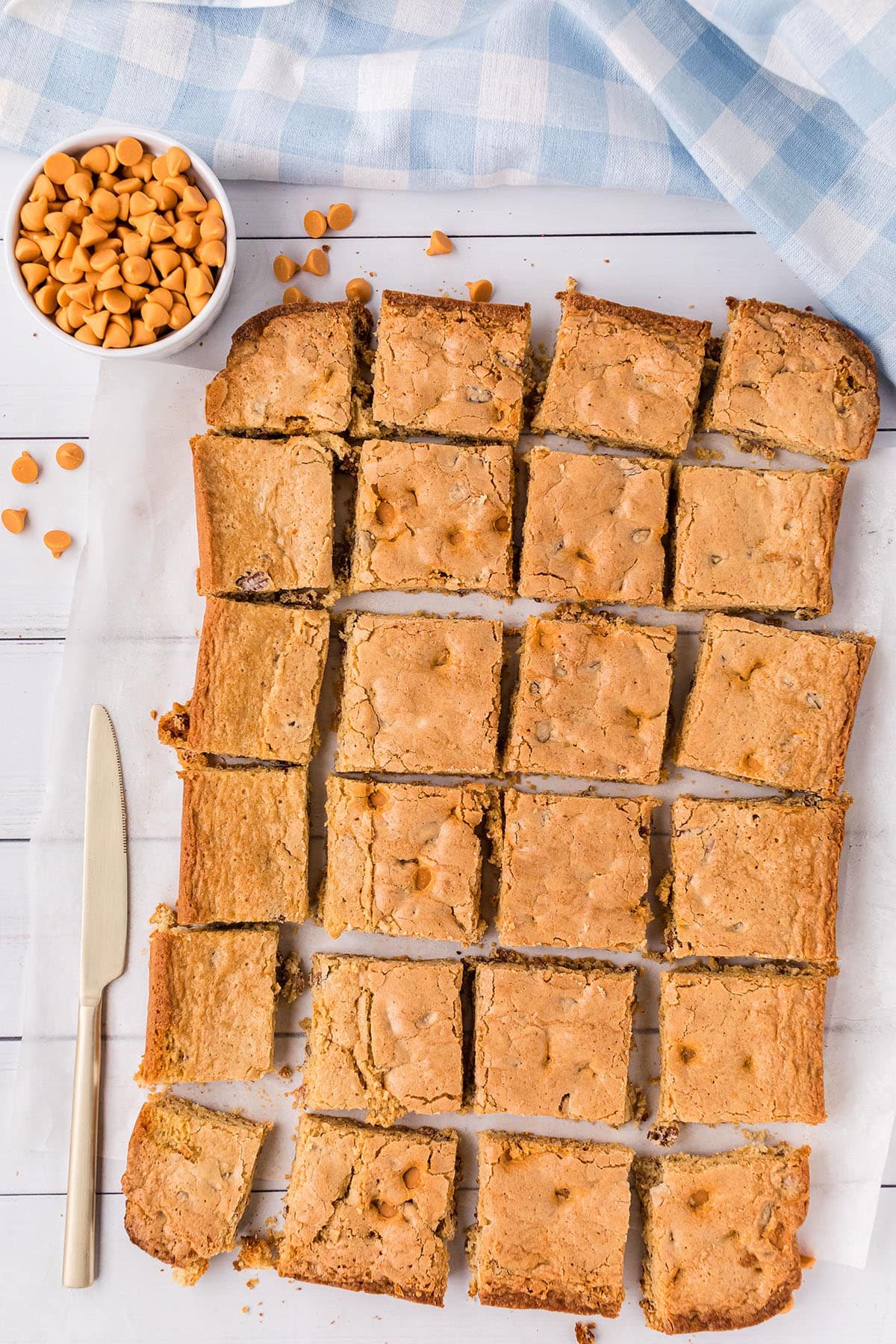 a pan of butterscotch blondies cut into 24 squares