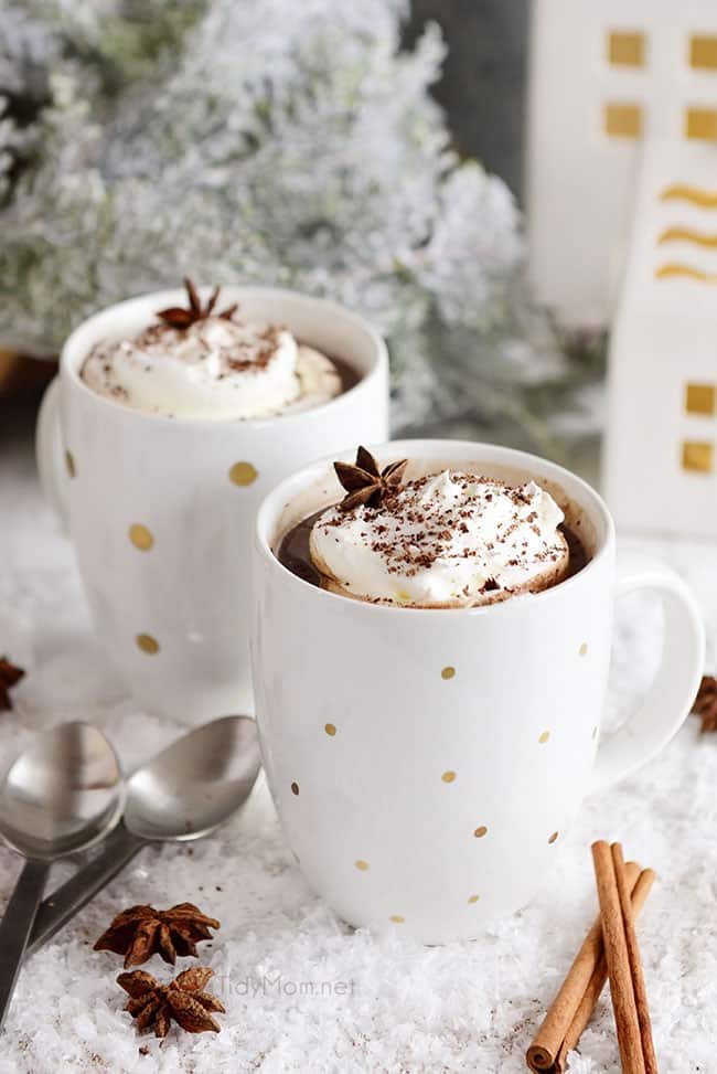 two mugs of Butterscotch Schnapps Spiked Hot Chocolate