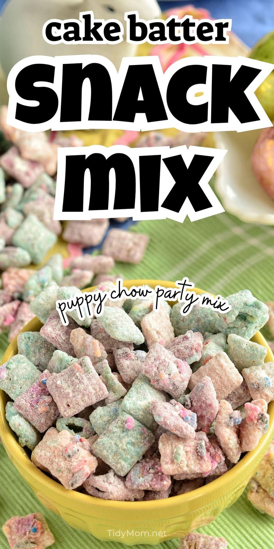 puppy chow snack mix in a yellow bowl