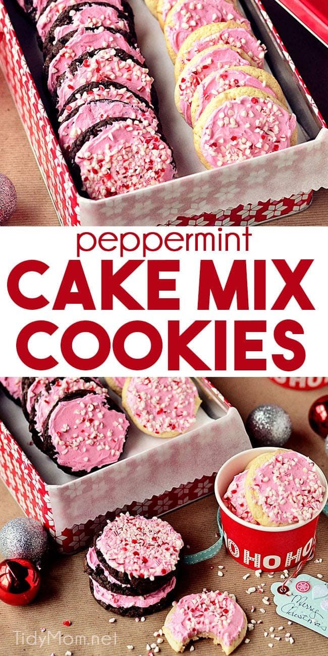Peppermint cake mix cookies with buttercream in a Christmas tin