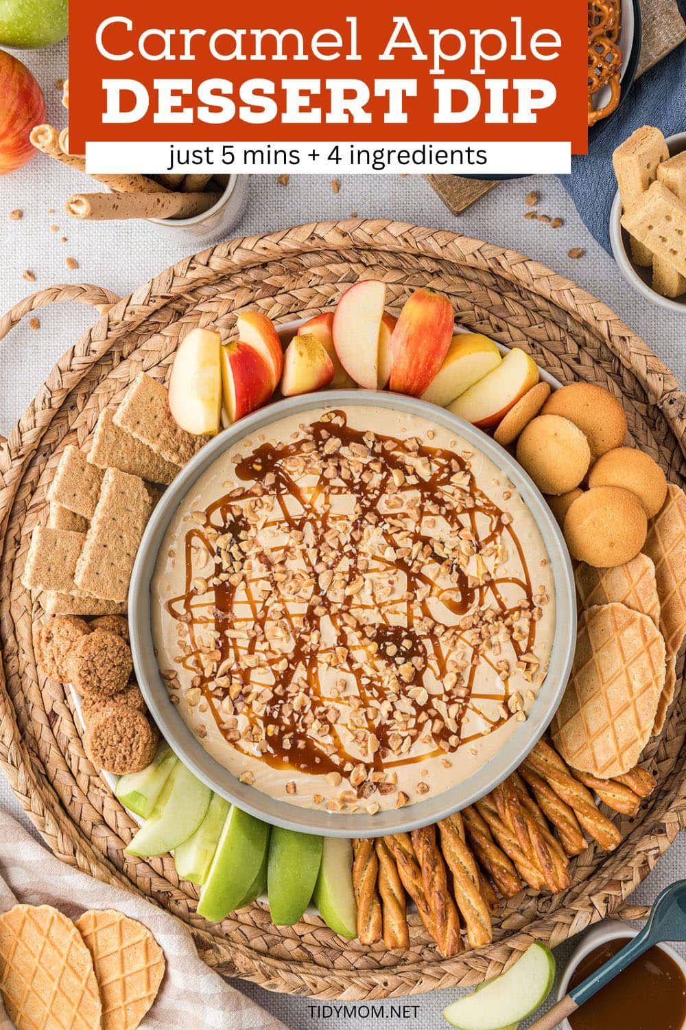 dessert dip with dippers all around on a tray