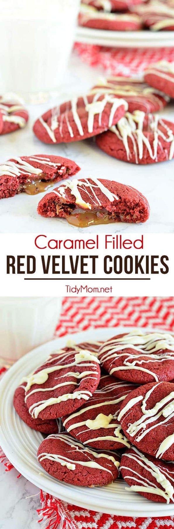 Your favorite sugar cookie dough is quickly transformed into gorgeous red velvet cookies stuffed with a caramel surprise and topped with a drizzle of white chocolate. Easy Caramel Filled Red Velvet Cookies recipe at cetcu.com