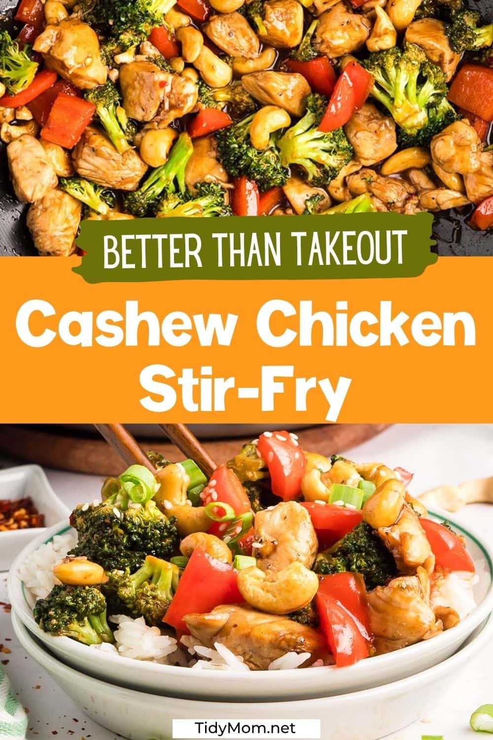 Cashew Chicken Stir Fry — close-up of glossy stir fry with chicken, broccoli, and red peppers in a wok, paired with a serving in a white bowl with chopsticks.