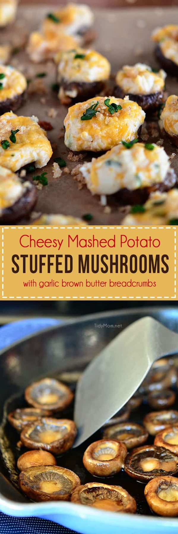 Cheesy Mashed Potato Stuffed Mushrooms with Garlic Brown Butter Breadcrumbs. Appetizer recipe at cetcu.com