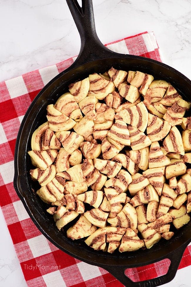 cinnamon rolls in cast iron skillet for Cherry Coffee Cake