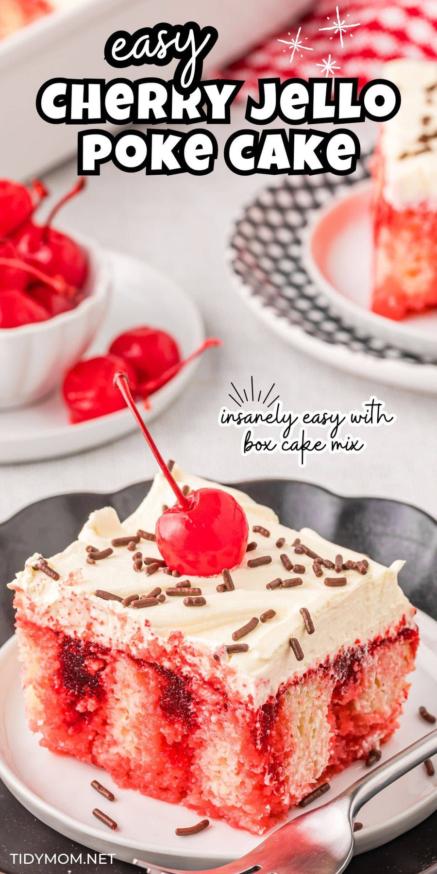 serving of cherry poke cake with maraschino cherry on top