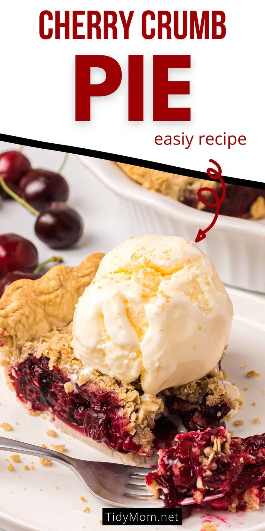 A scoop of ice cream on top of a slice of cherry crumb pie