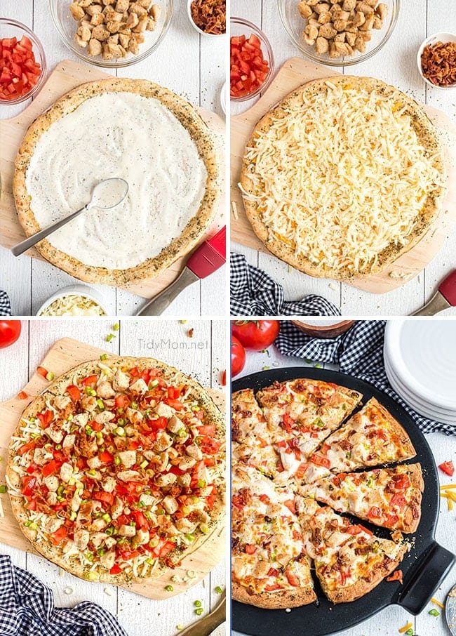 photo collage of steps for making homemade chicken bacon ranch pizza