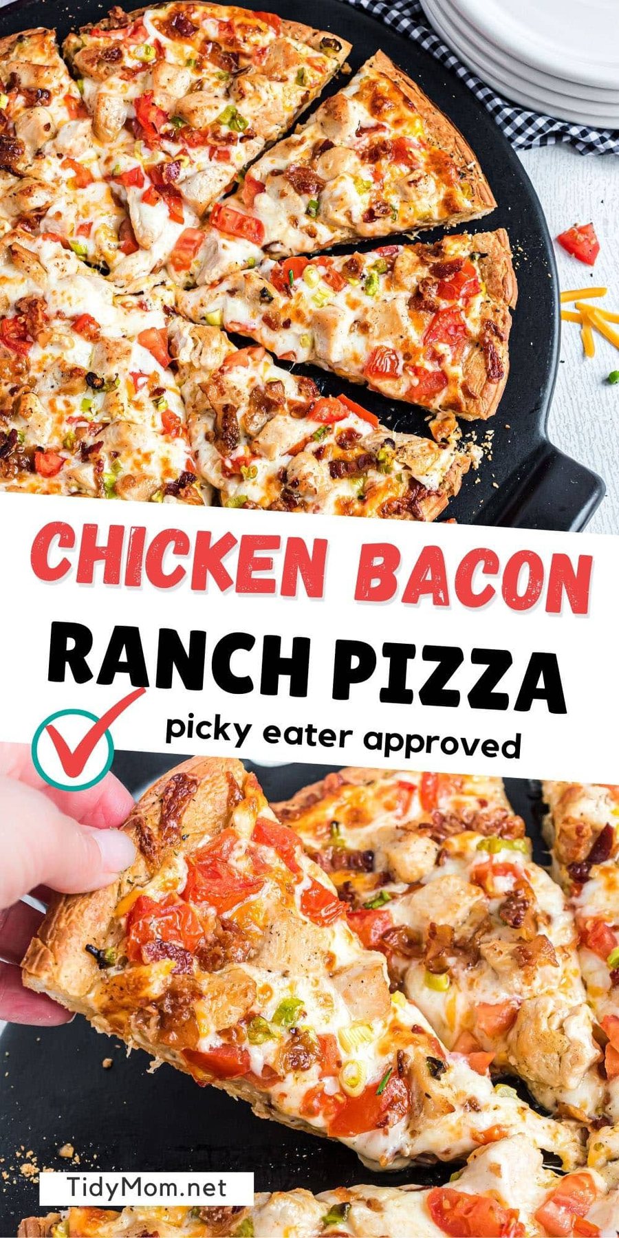 sliced homemade ranch pizza on a pizza pan