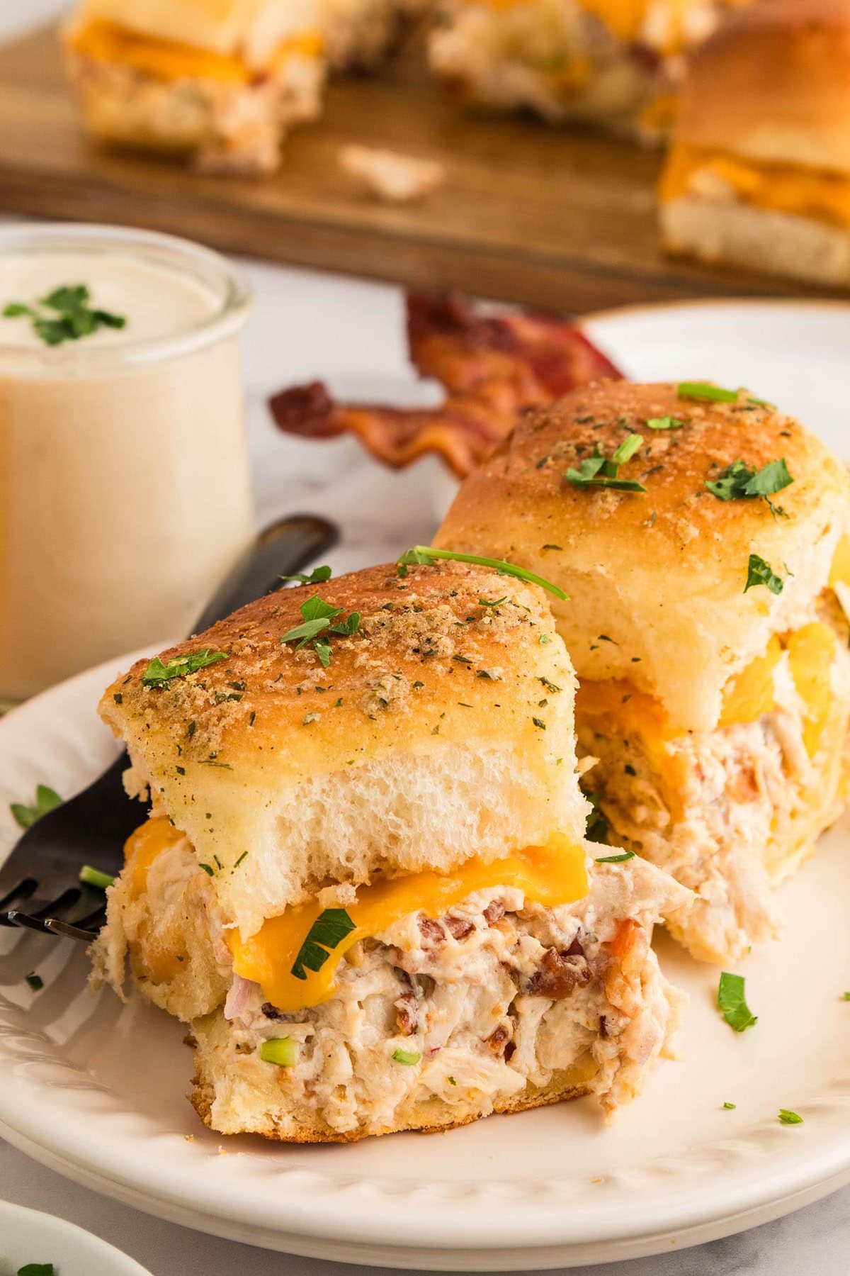 chicken bacon ranch hand held sliders plated to serve