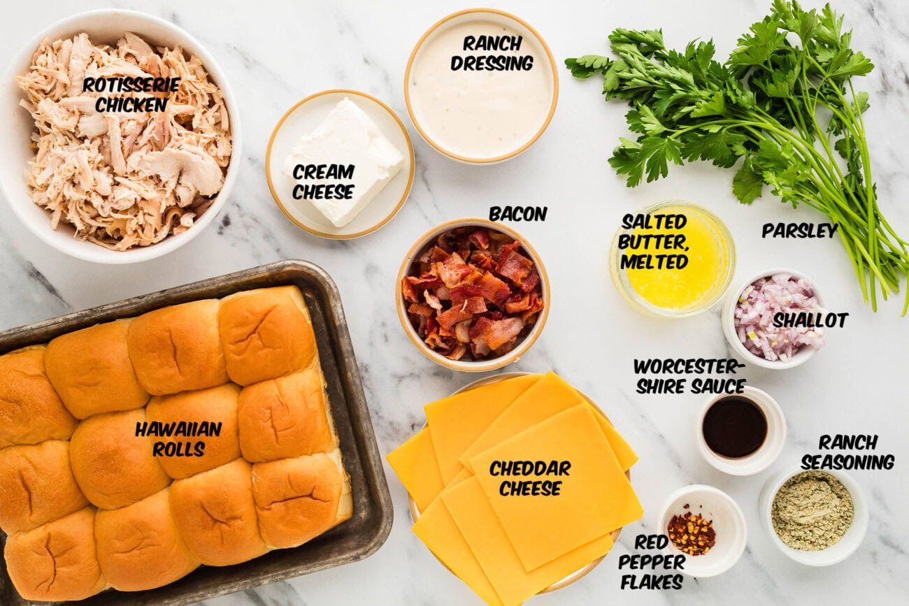 ingredients for cheesy chicken sliders with bacon on a counter