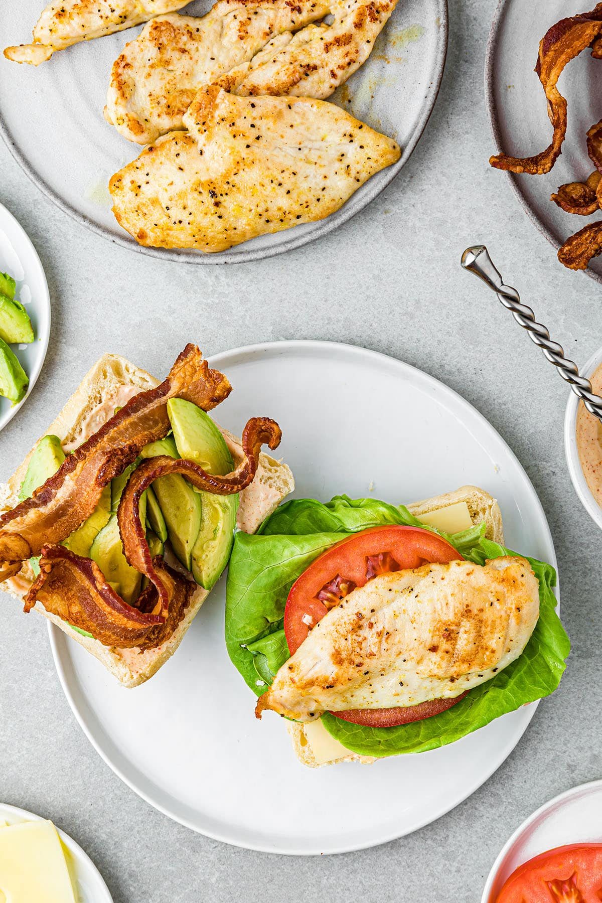 overhead shot of open chicken club sandwich