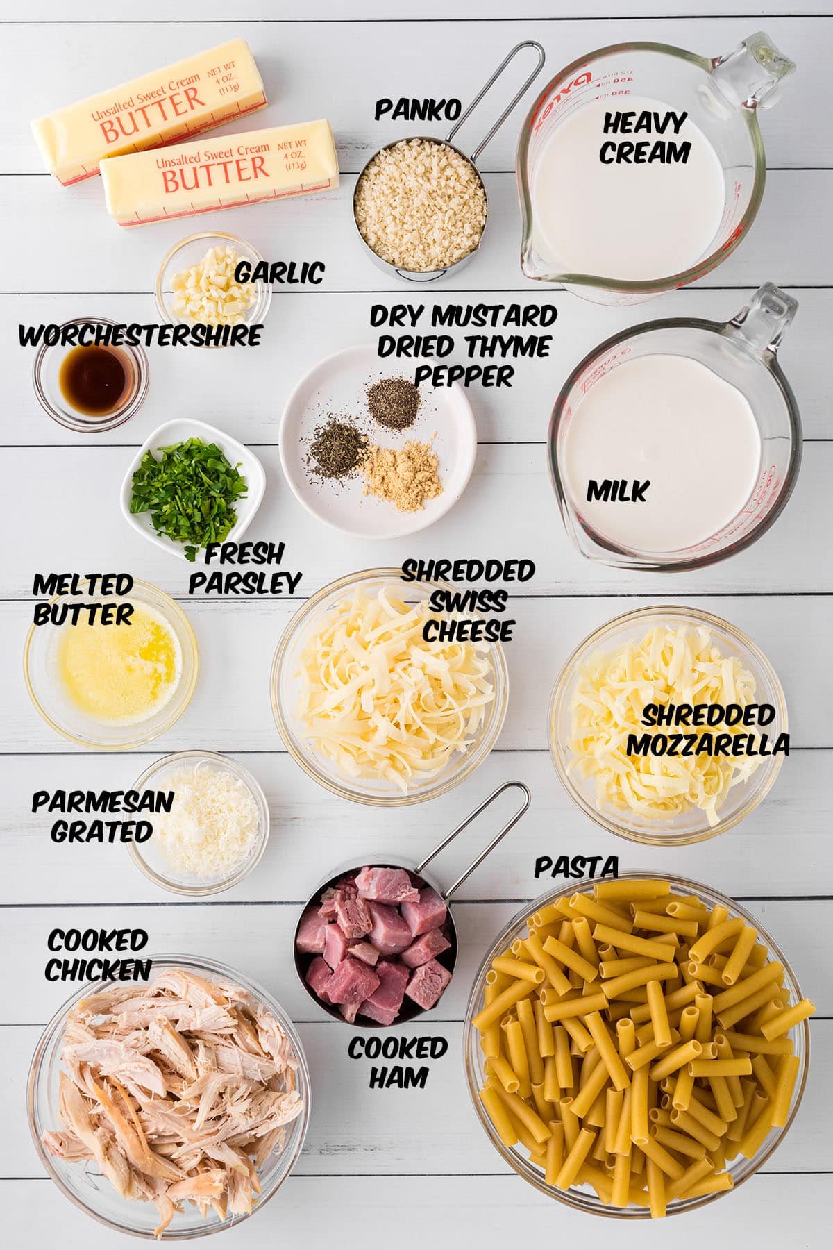 ingredients for Chicken Cordon Bleu Casserole on a counter