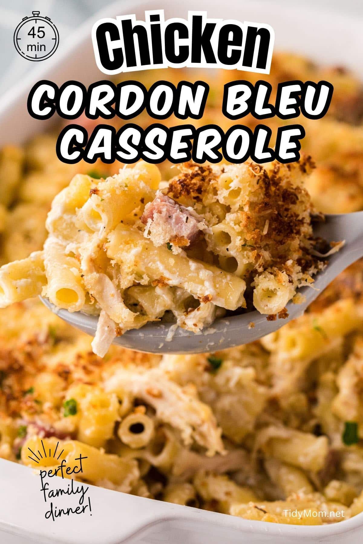 pasta casserole in a white baking dish