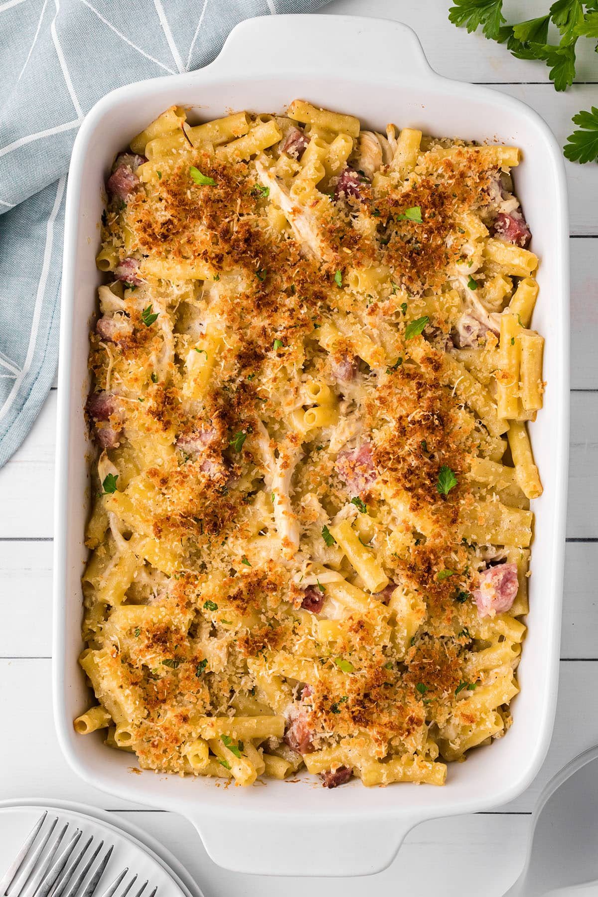 Chicken Cordon Bleu Casserole in a white baking dish