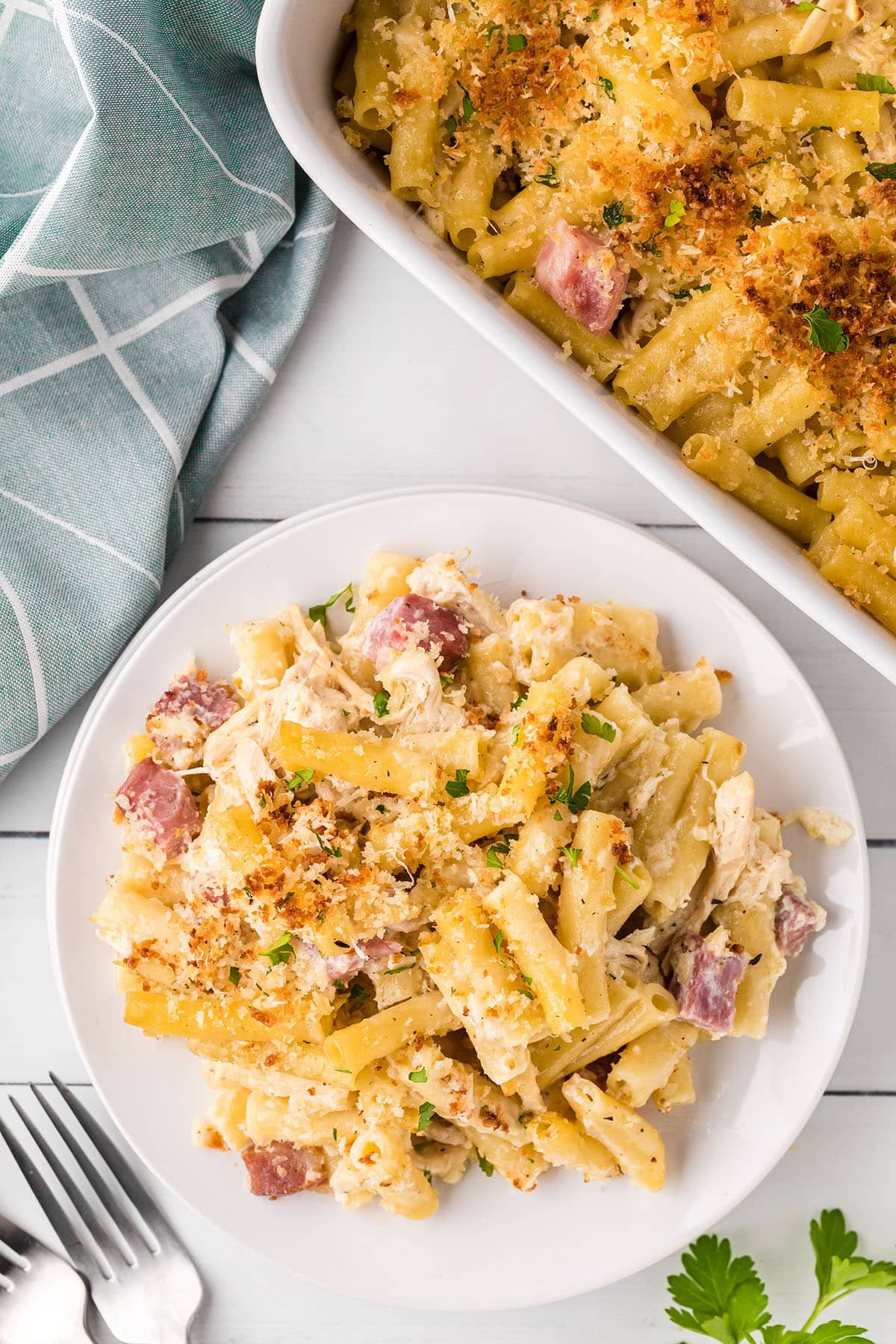 overhead shot of Chicken Cordon Bleu Casserole on a plate