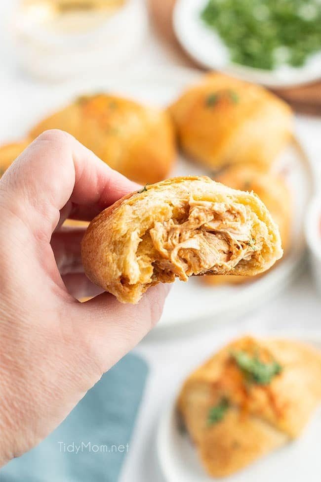 hand holding an enchilada puff with a bit taken out.
