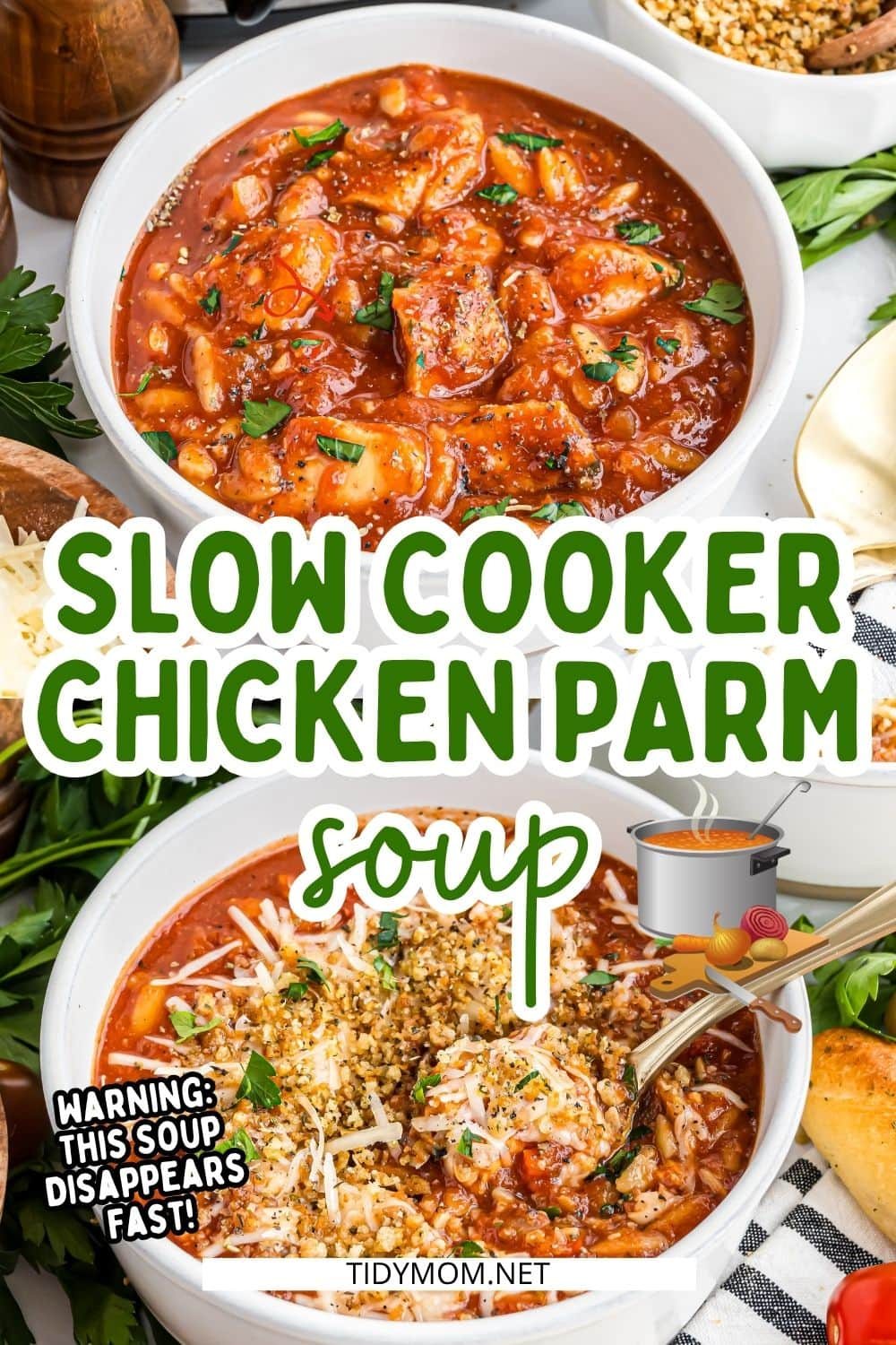 2 white bowls of slow cooker chicken parm soup one with toppings