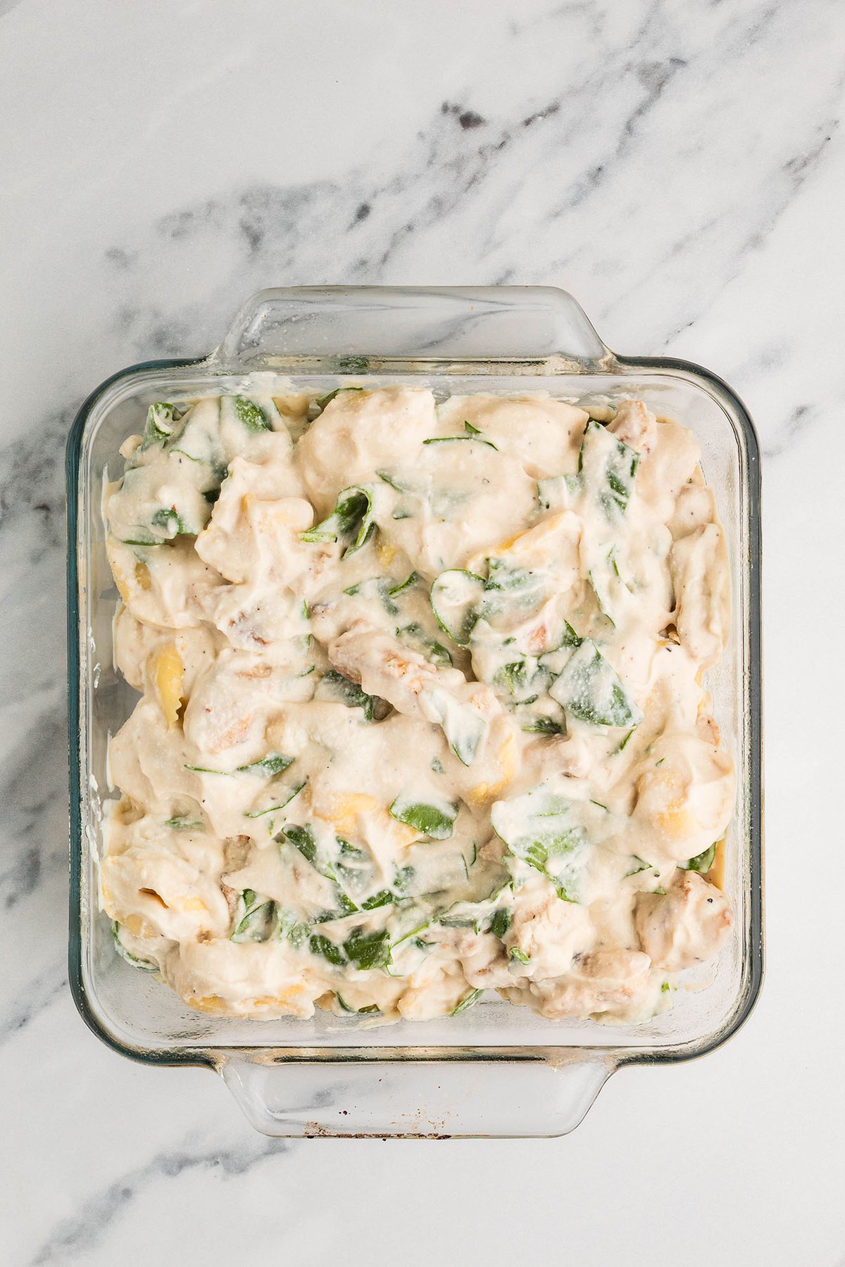 Chicken Tortellini Casserole ingredients mixed together and spooned into a square glass baking dish