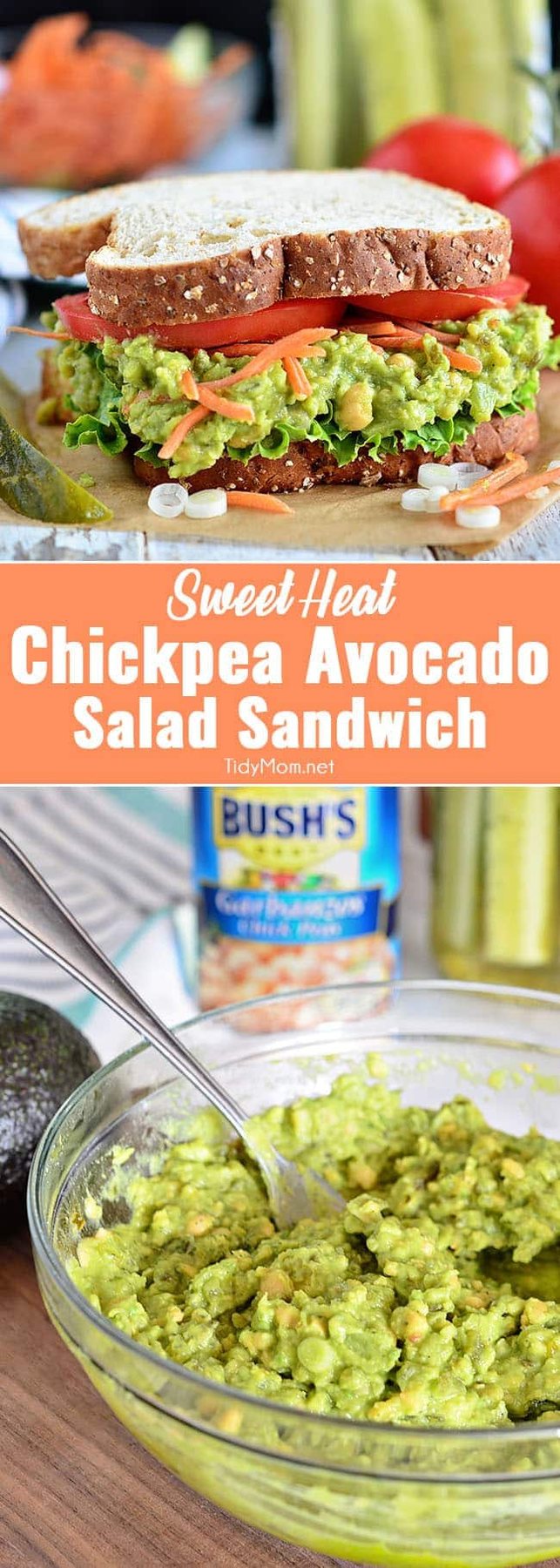 Smashed chickpeas (garbanzo beans) and avocado together make the most delicious sandwich spread! Get this Sweet Heat Chickpea Avocado Salad Sandwich recipe at cetcu.com