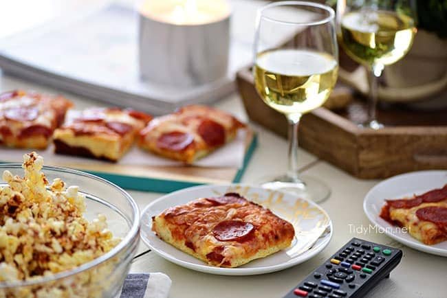 Pizza and Popcorn Movie Night. Make Gourmet Popcorn at home for a special treat. Oven-ready pizza, Sweet Heat Maple-Chili Popcorn, something to sip on and your favorite movie and you have a perfect date night at home. Print the gourmet popcorn recipe at cetcu.com