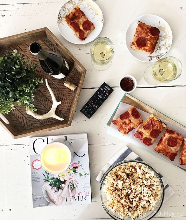 Pizza and Popcorn Movie Night. Make Gourmet Popcorn at home for a special treat. Oven-ready pizza, Sweet Heat Maple-Chili Popcorn, something to sip on and your favorite movie and you have a perfect date night at home. Print the gourmet popcorn recipe at cetcu.com