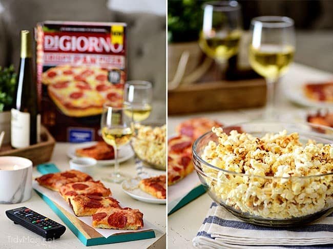 Pizza and Popcorn Movie Night. Make Gourmet Popcorn at home for a special treat. Oven-ready pizza, Sweet Heat Maple-Chili Popcorn, something to sip on and your favorite movie and you have a perfect date night at home. Print the gourmet popcorn recipe at cetcu.com