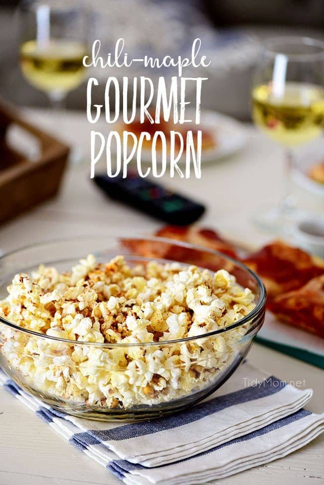 Pizza and Popcorn Movie Night. Make Gourmet Popcorn at home for a special treat. Oven-ready pizza, Sweet Heat Maple-Chili Popcorn, something to sip on and your favorite movie and you have a perfect date night at home. Print the gourmet popcorn recipe at cetcu.com