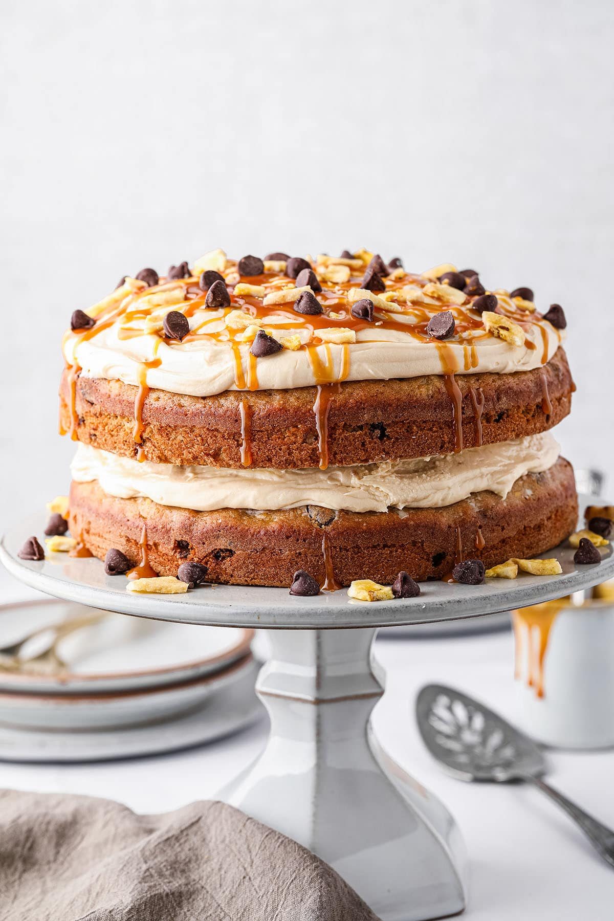 Chocolate Chip Banana Cake with Salted Caramel Frosting