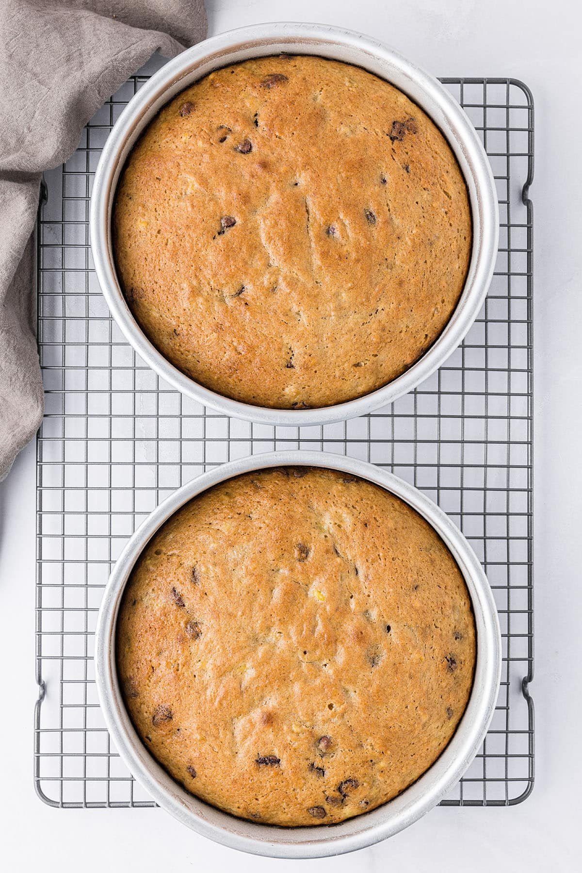 baked banana cake in round cake pans