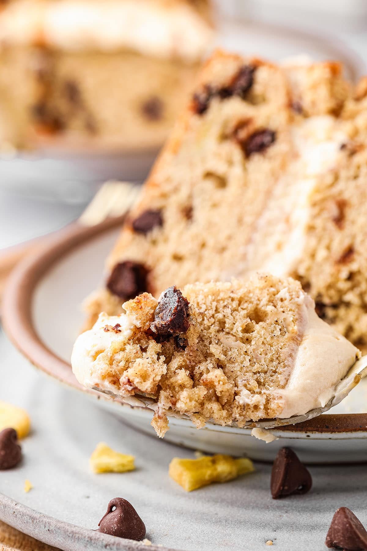 a bit of banana cake on a fork