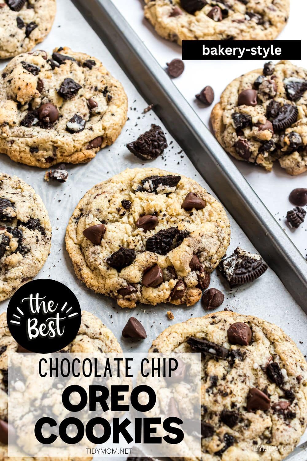 Oreo filled chocolate chip cookies on a baking sheet