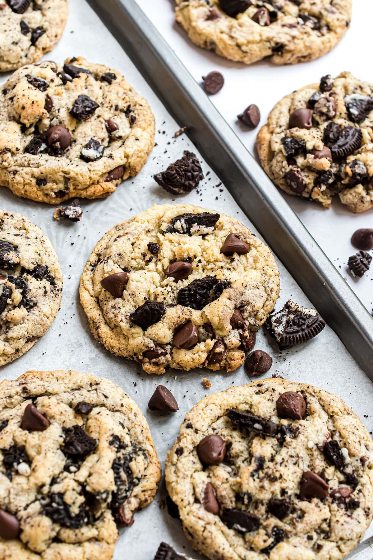 Chocolate chip Oreo cookies on a sheet pan