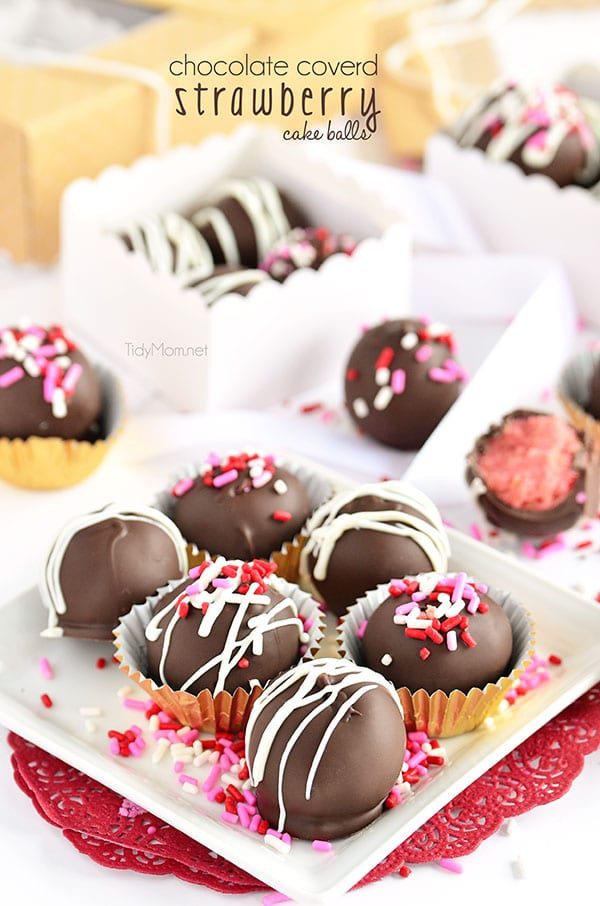 Chocolate Covered Strawberry Cake Balls recipe at cetcu.com perfect for Valentines Day